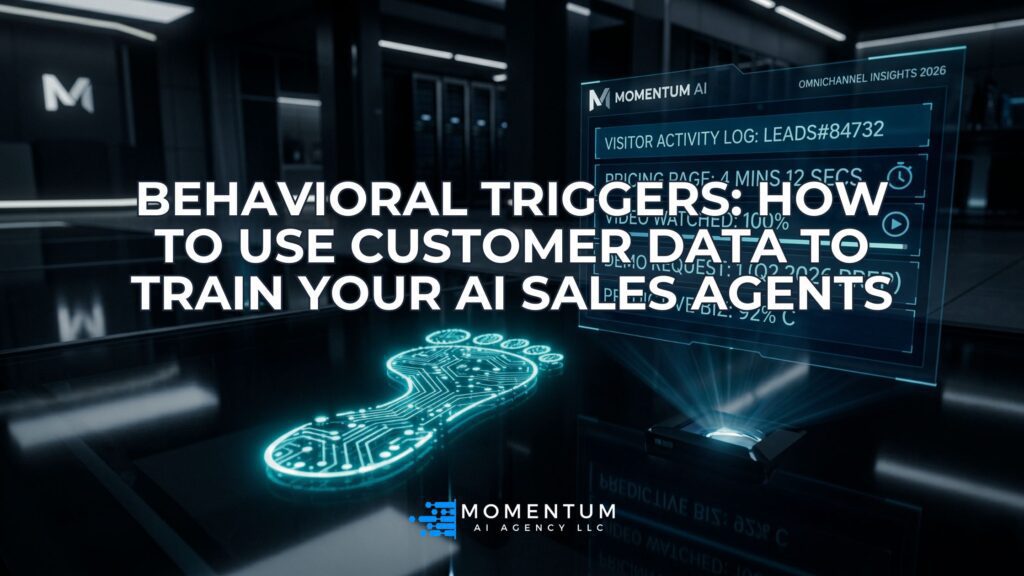 A glowing digital footprint next to a holographic data screen, representing the tracking of digital body language to train AI sales agents.
