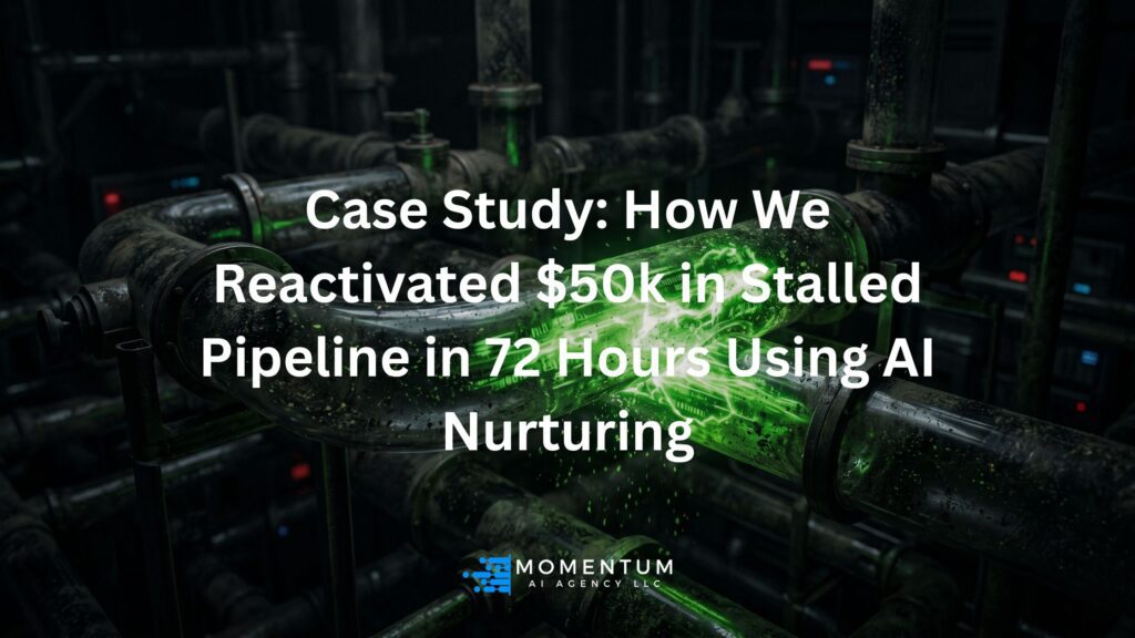 A bright green pulse of digital energy reactivating a dark, dusty glass pipeline, symbolizing AI reviving a stalled sales pipeline.