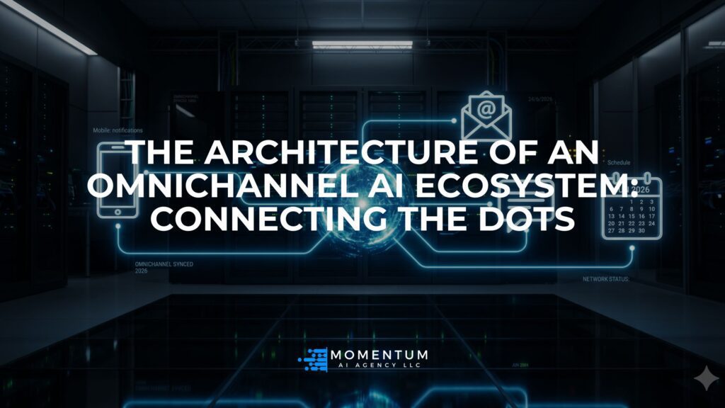 A central glowing nexus connecting perfectly to various communication icons, symbolizing a unified omnichannel AI ecosystem.
