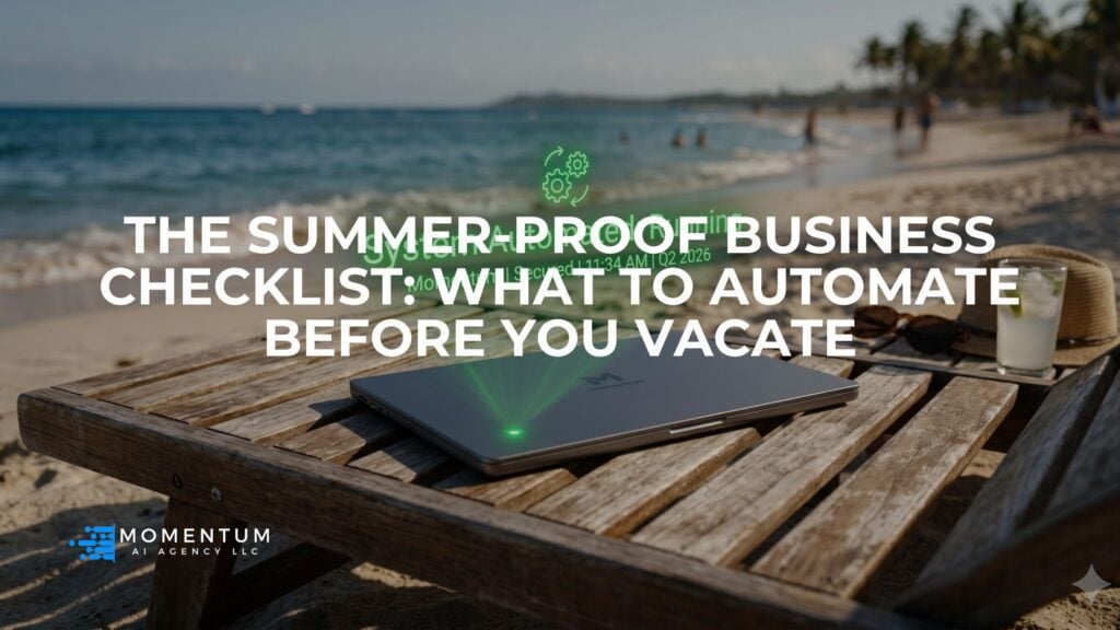 A closed laptop on a beach chair with a glowing "automated" status light, symbolizing a business owner taking a true vacation while AI runs their operations.